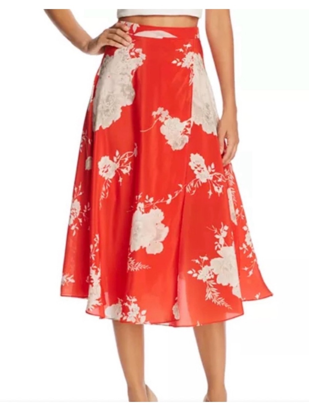 Alice + Olivia Coral-Red Floral Midi Skirt Nanette silk size 2 - Picture 1 of 3